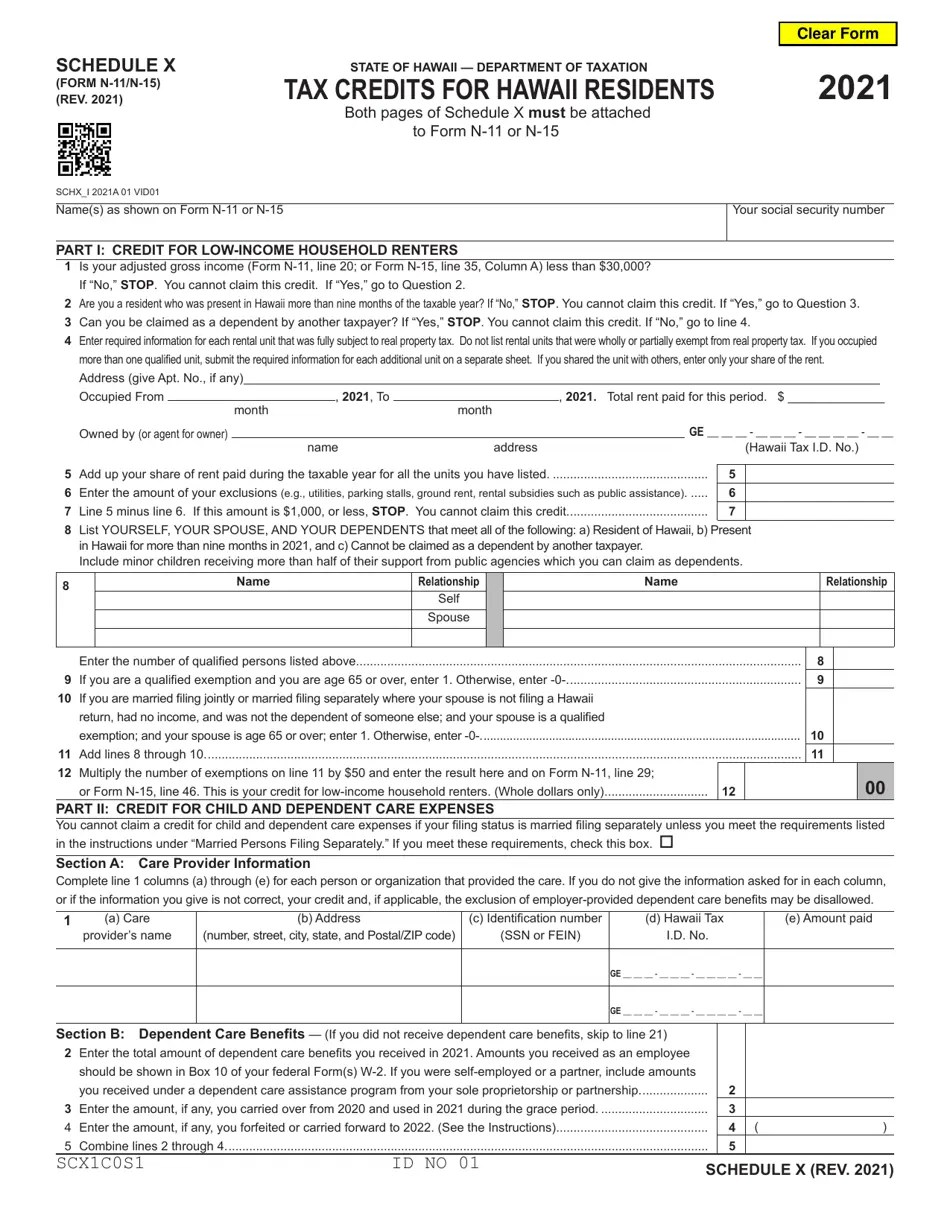 Schedule X Download Fillable PDF or Fill Online Tax Credits for Hawaii