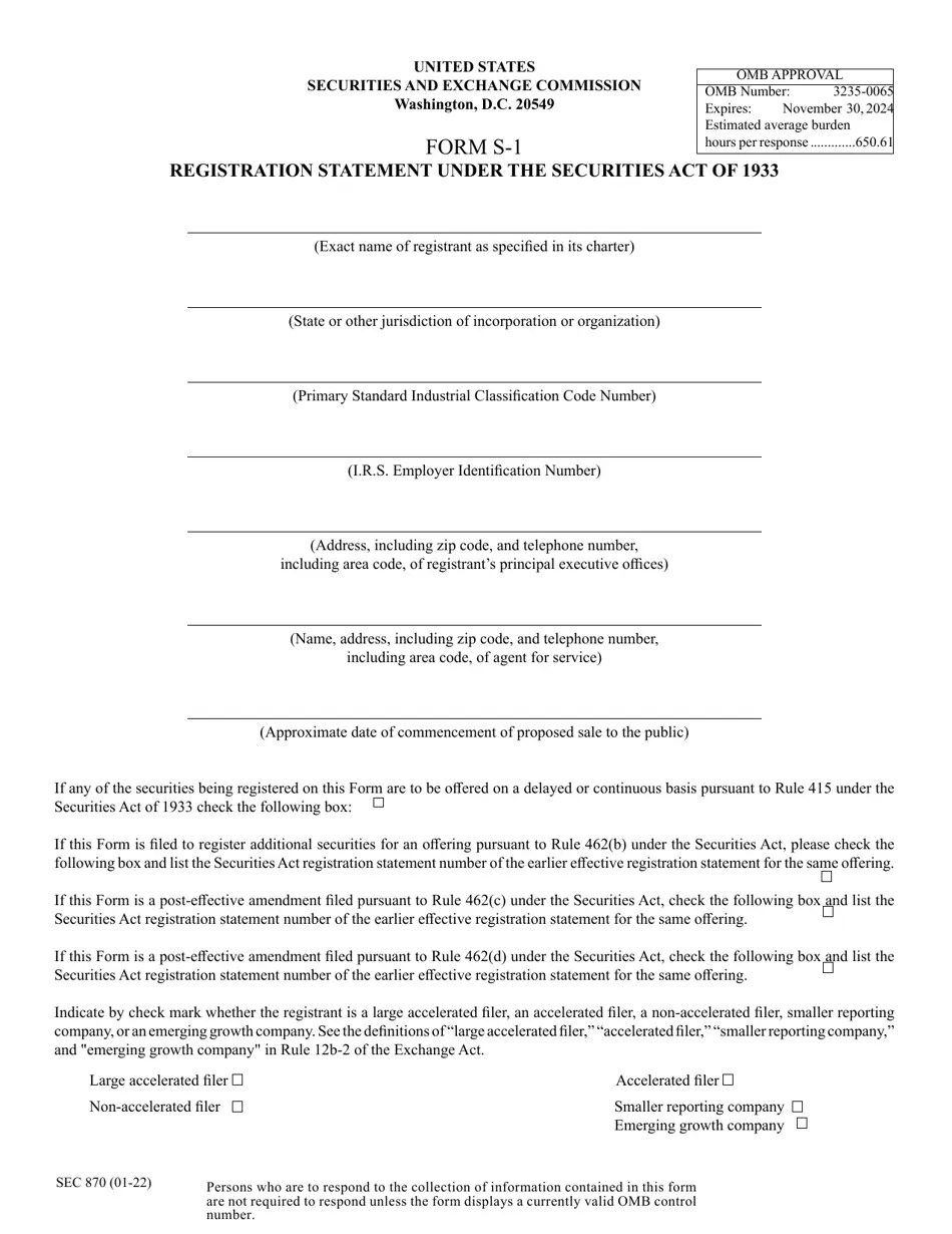 SEC Form 870 (S1) Download Printable PDF or Fill Online Registration