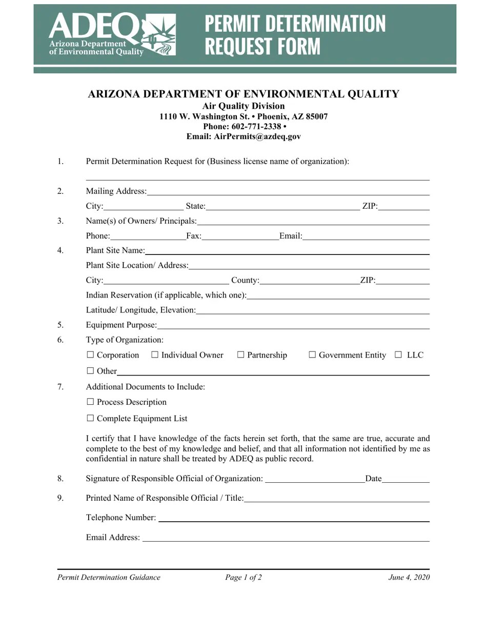 Arizona Air Quality Permit Determination Request Form Fill Out, Sign