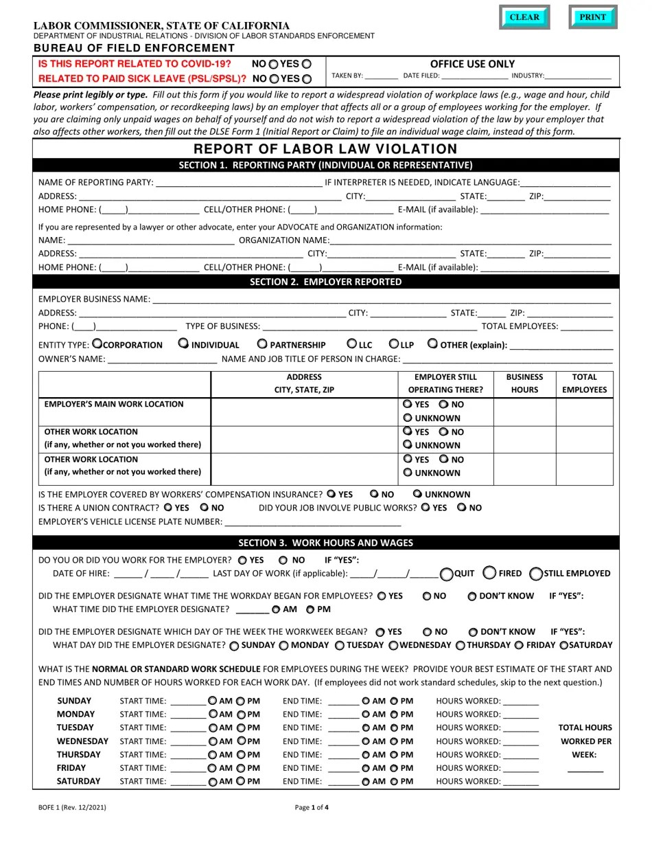 DLSE Form BOFE1 Download Fillable PDF or Fill Online Report of Labor