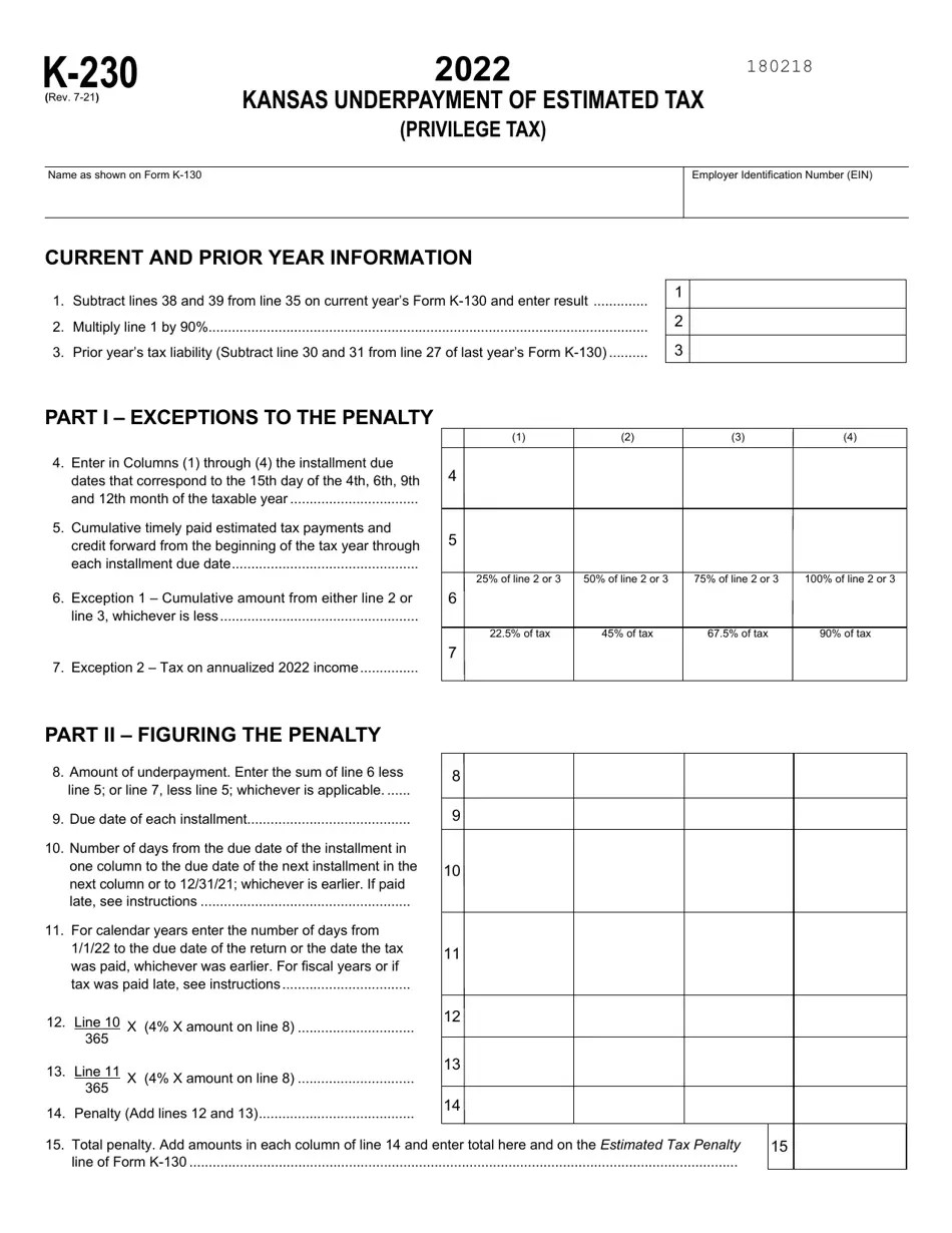 2022 Kansas Kansas Underpayment of Estimated Tax (Privilege Tax) Fill