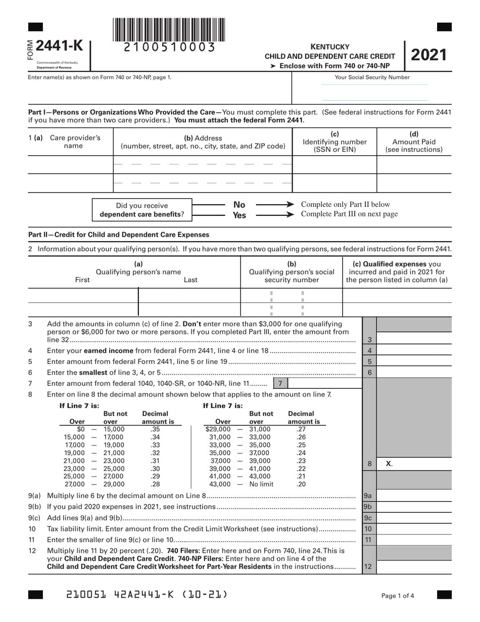Form 2441K 2021 Fill Out, Sign Online and Download Fillable PDF