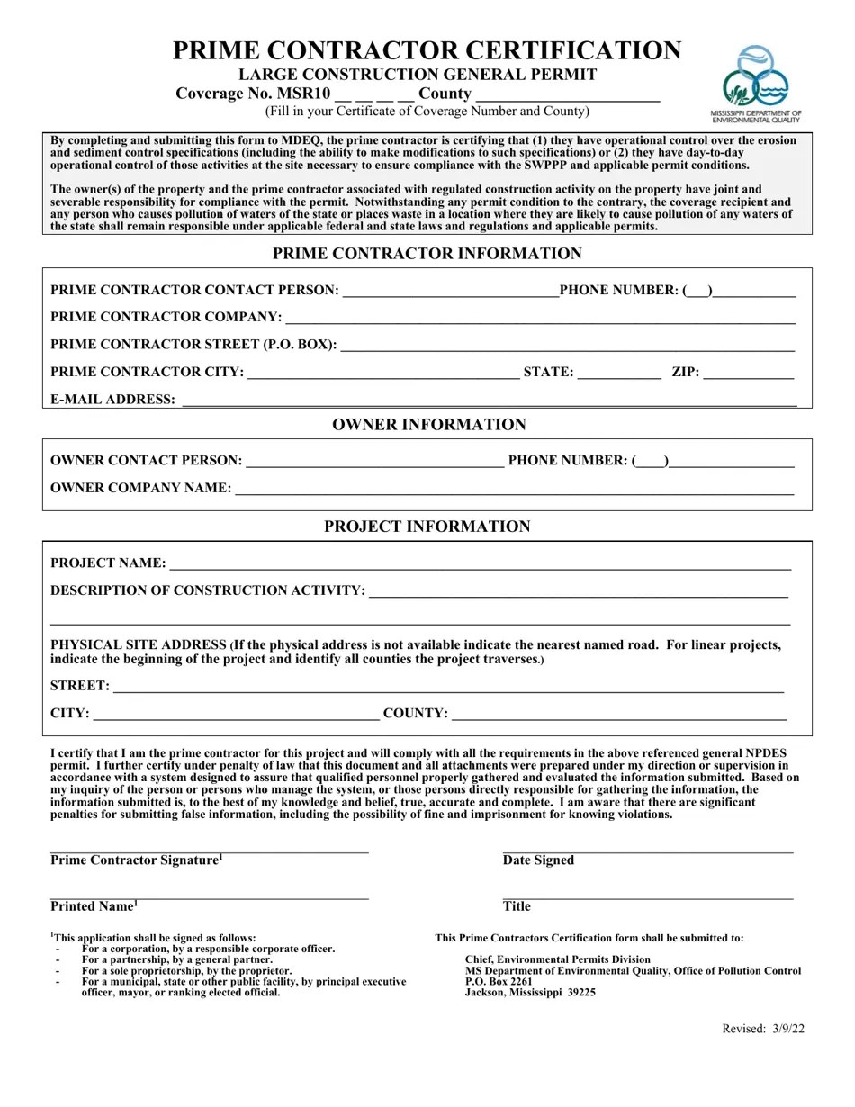 Mississippi Prime Contractor Certification Fill Out, Sign Online and Download PDF Templateroller