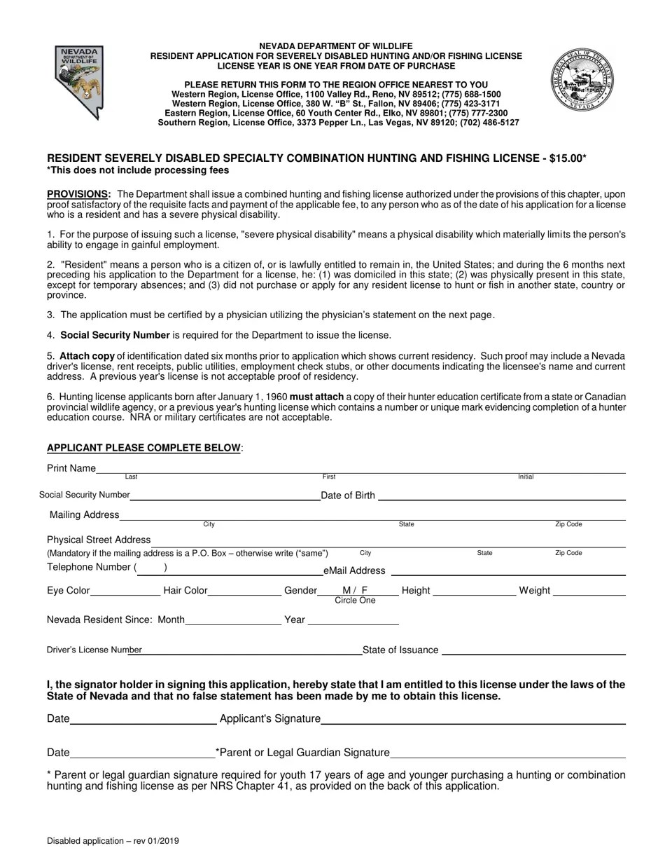 Nevada Resident Application for Severely Disabled Hunting and/or