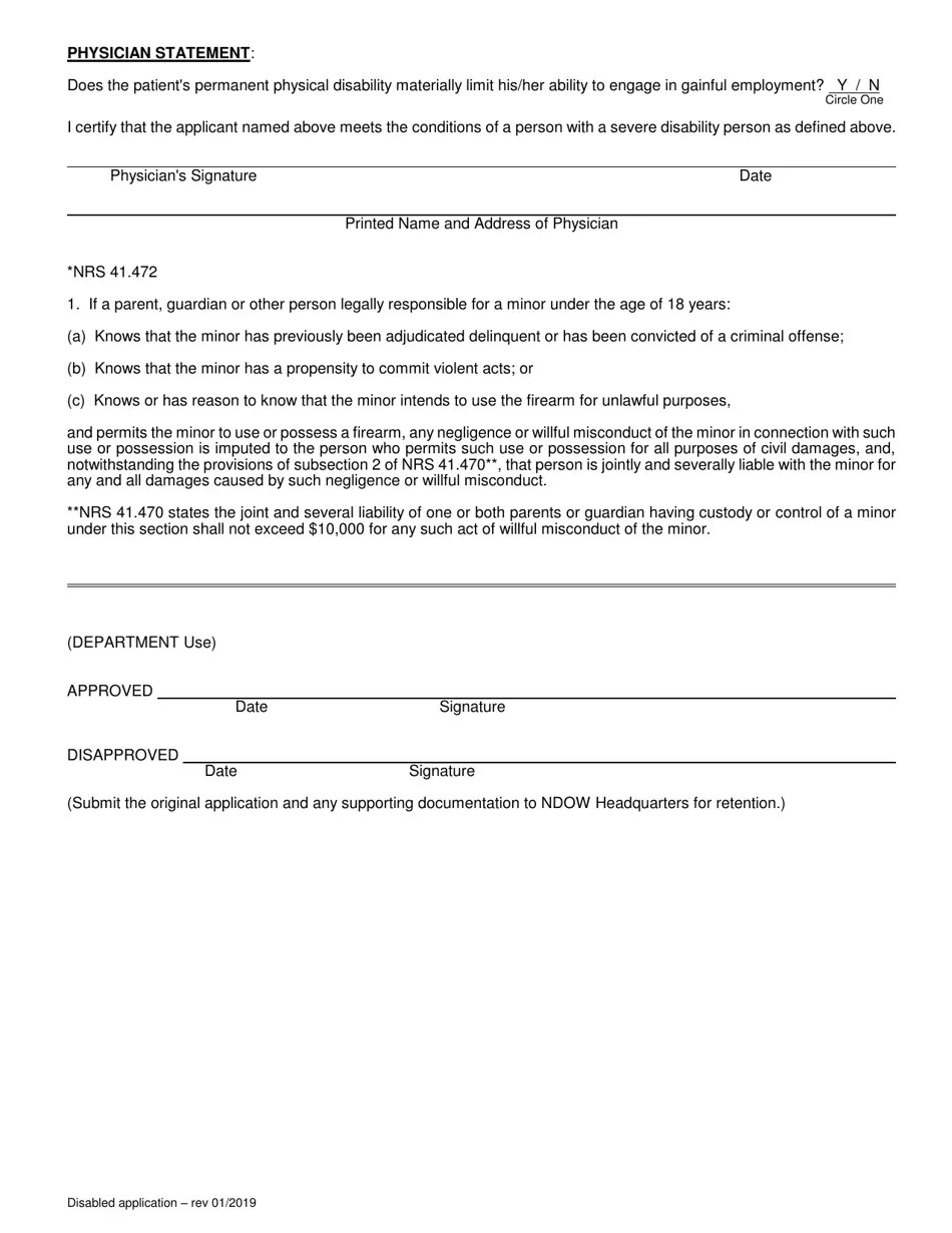 Nevada Resident Application for Severely Disabled Hunting and/or