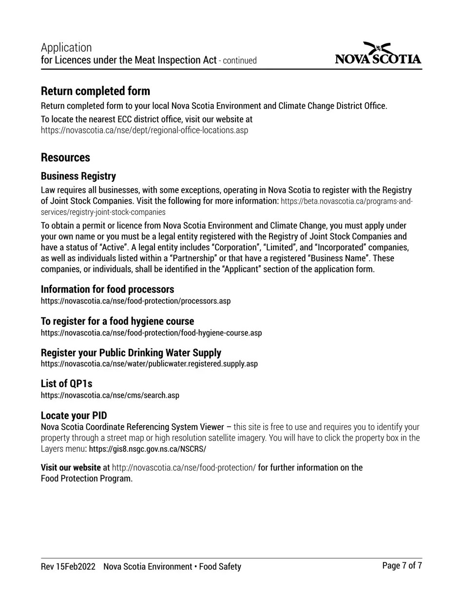 Nova Scotia Canada Application for Licences Under the Meat Inspection