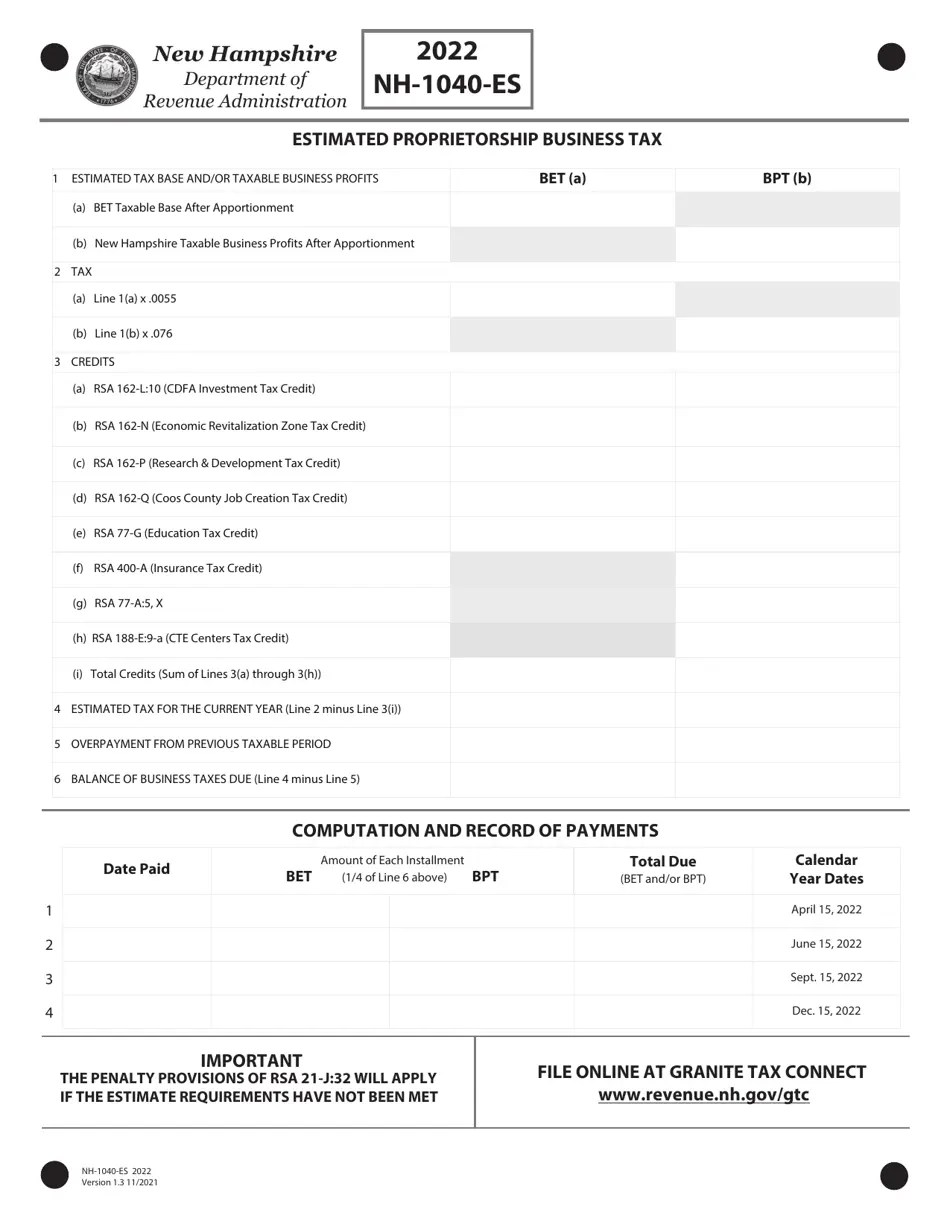 Form NH1040ES 2022 Fill Out, Sign Online and Download Fillable
