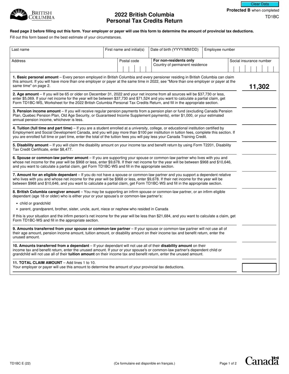 Form TD1BC Download Fillable PDF or Fill Online British Columbia