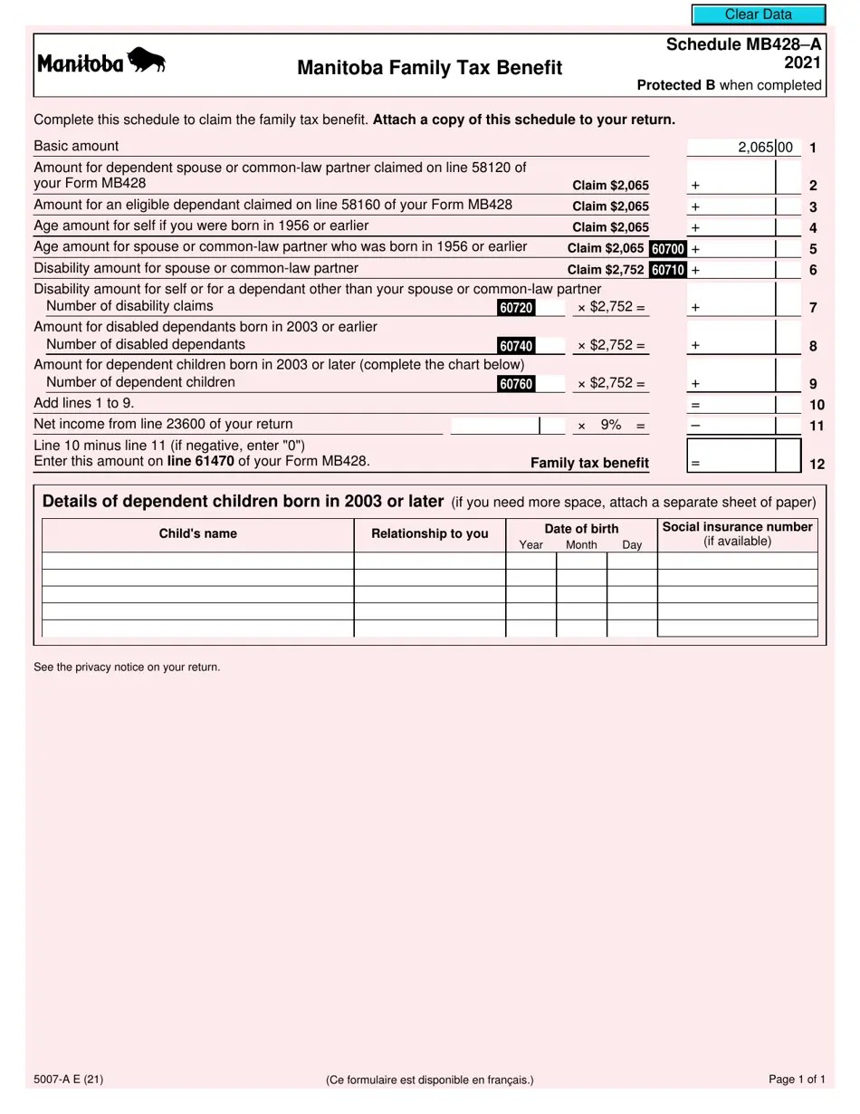 Form 5007A Schedule MB428A 2021 Fill Out, Sign Online and Download Fillable PDF, Canada