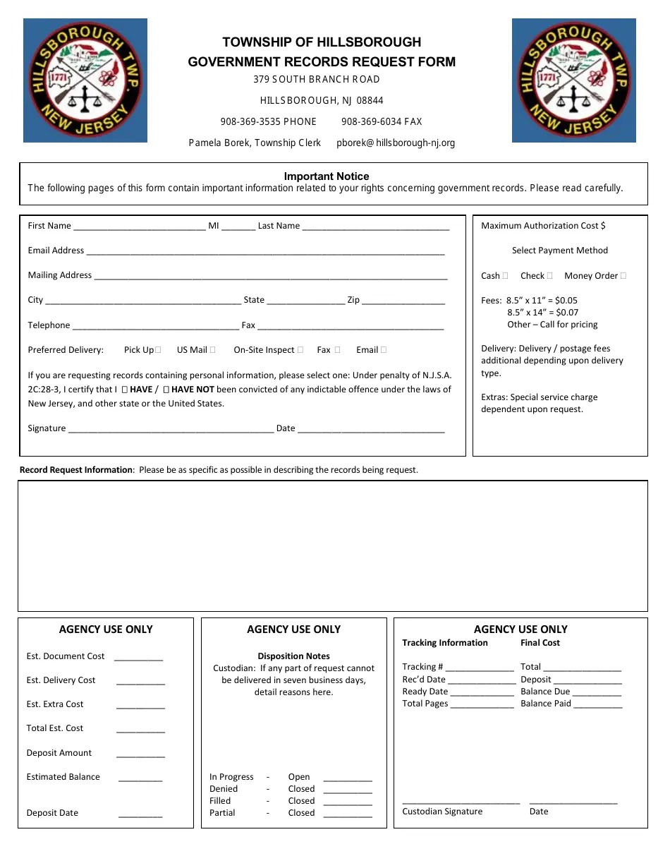 Township of Hillsborough, New Jersey Government Records Request Form