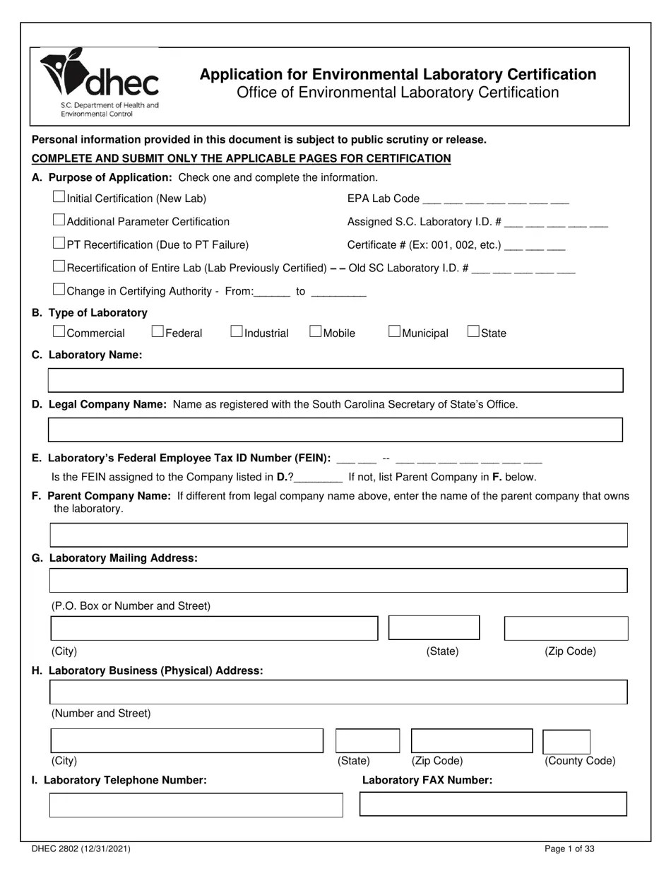 DHEC Form 2802 Fill Out, Sign Online and Download Printable PDF