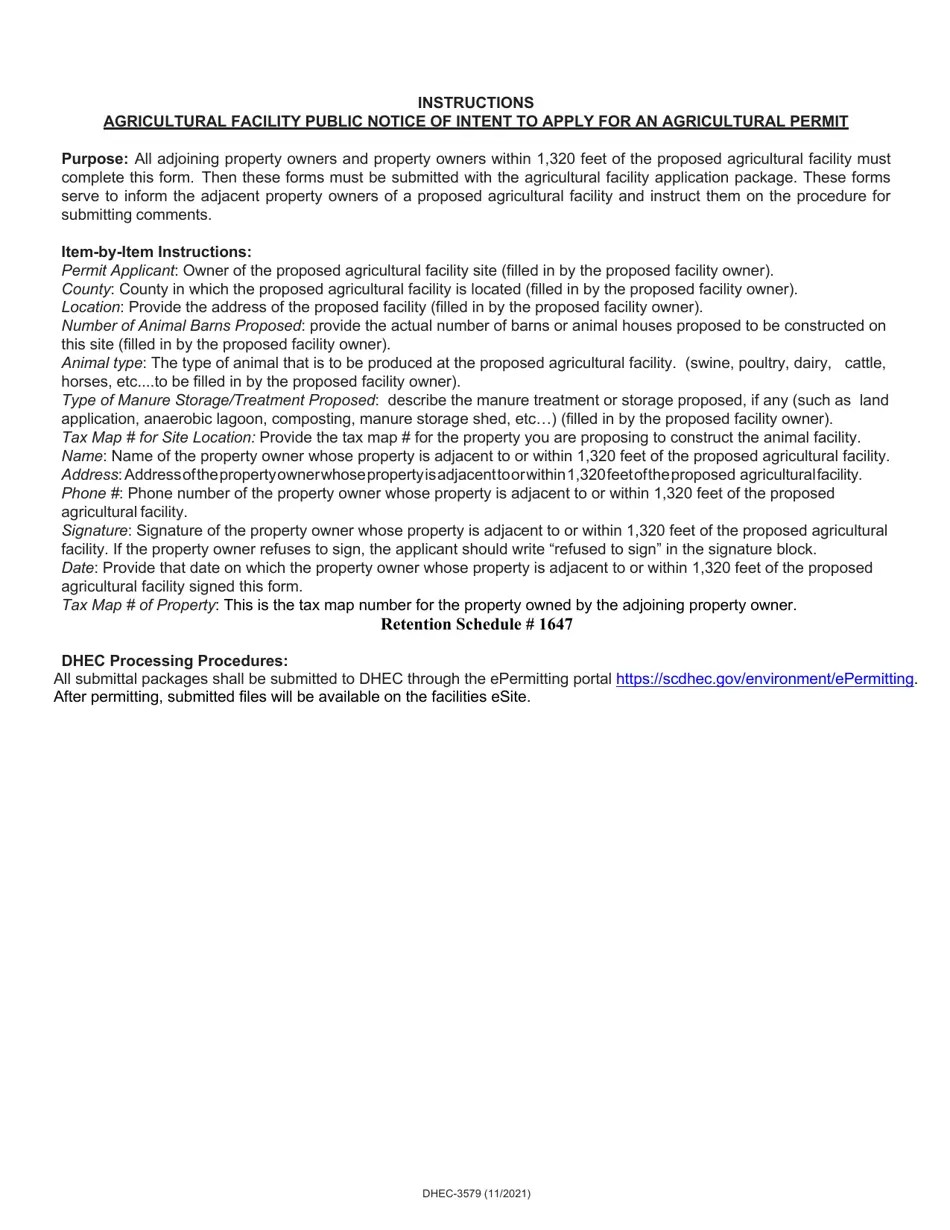 DHEC Form 3579 Download Fillable PDF or Fill Online Agriculture