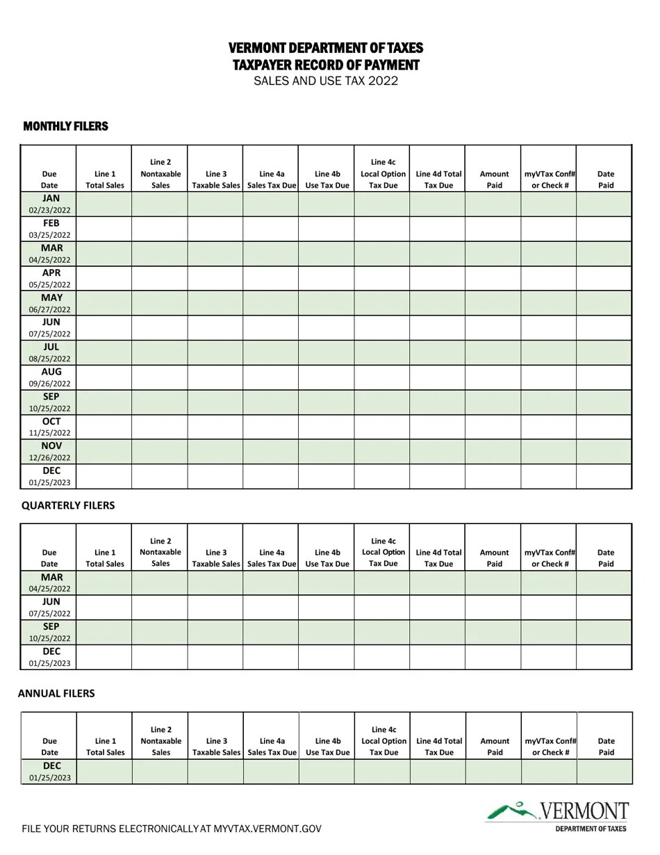 2022 Vermont Taxpayer Record of Payment Sales and Use Tax Fill Out