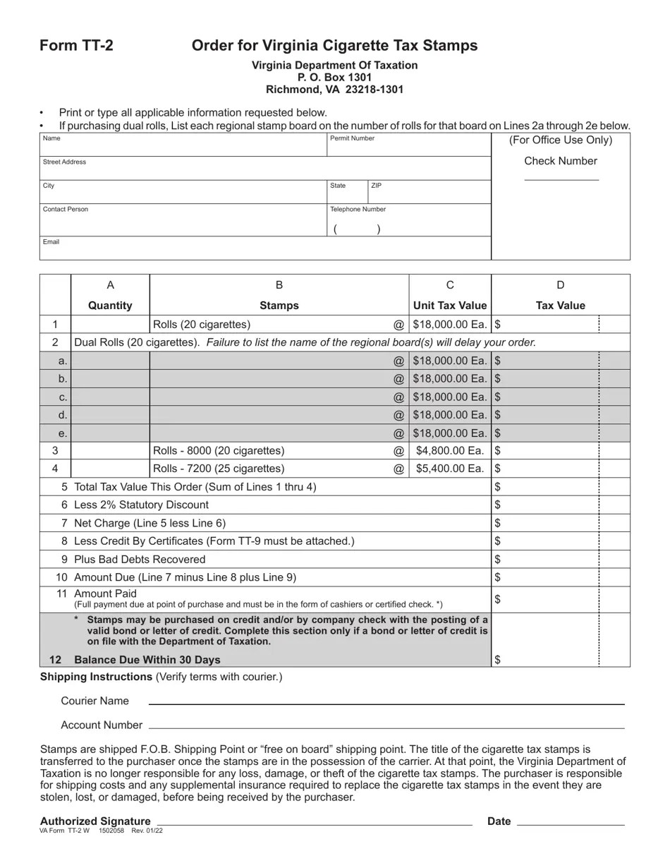 Form TT2 Download Fillable PDF or Fill Online Order for Virginia