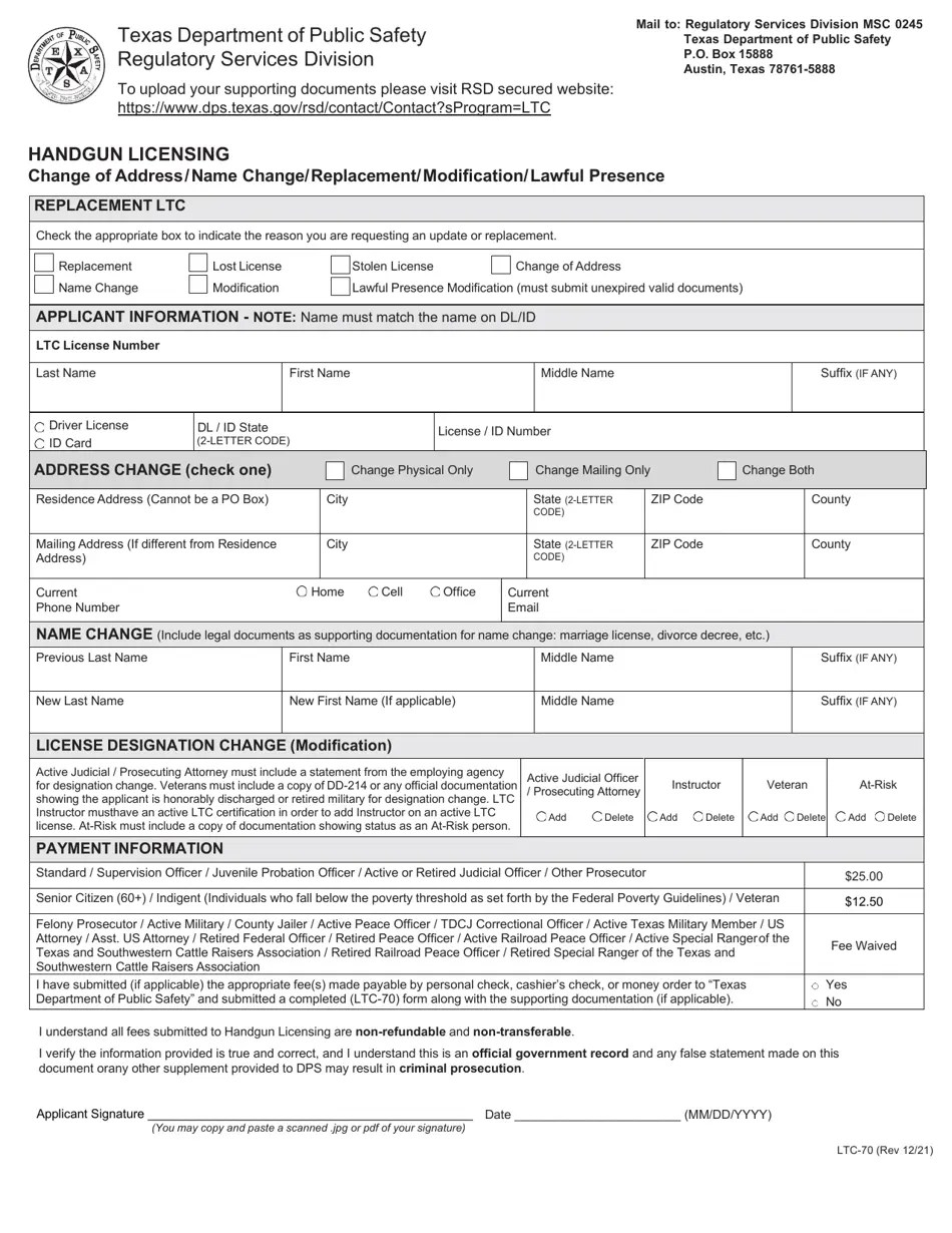 Form LTC70 Download Fillable PDF or Fill Online Handgun Licensing