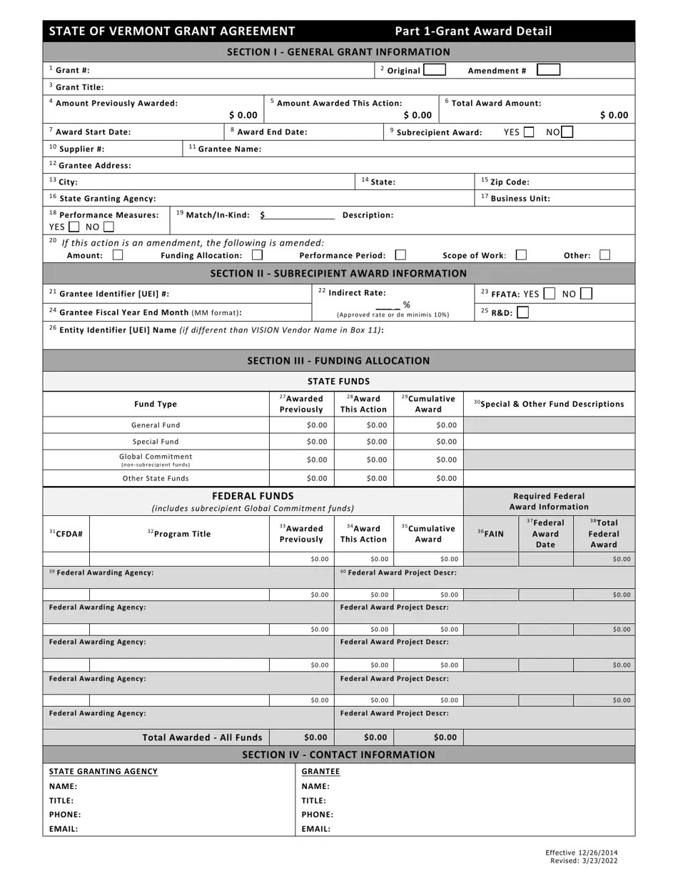 Vermont State of Vermont Grant Agreement Grant Award Detail Fill Out, Sign Online and