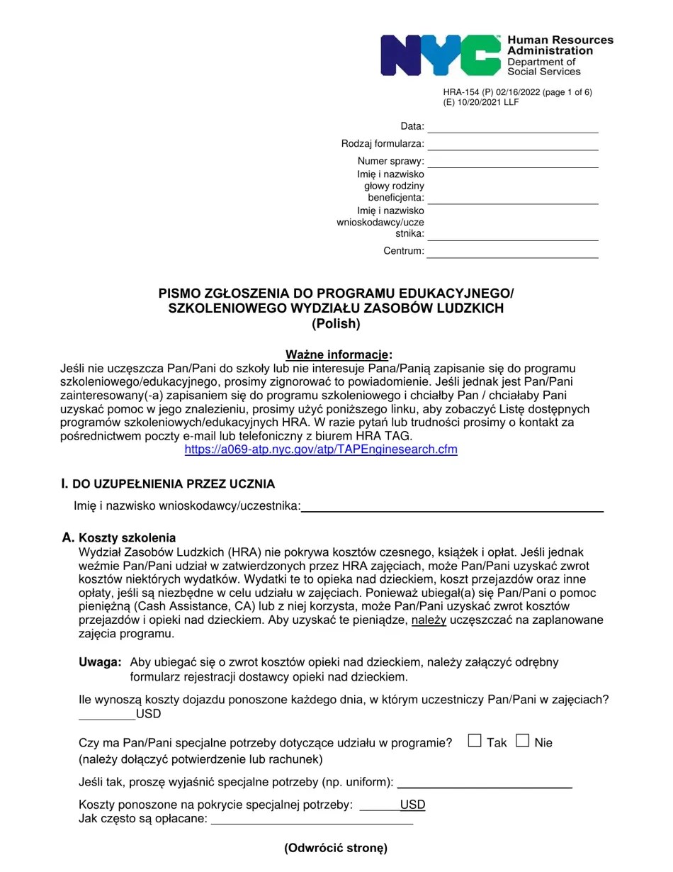 Form HRA154 Fill Out, Sign Online and Download Fillable PDF, New
