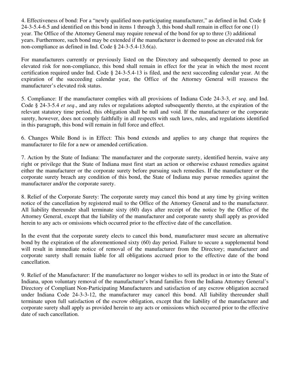 Indiana Nonparticipating Manufacturer Corporate Surety Bond Fill Out