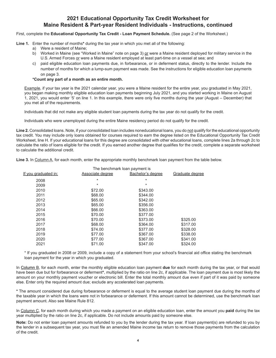 2021 Maine Educational Opportunity Tax Credit Worksheet for Maine