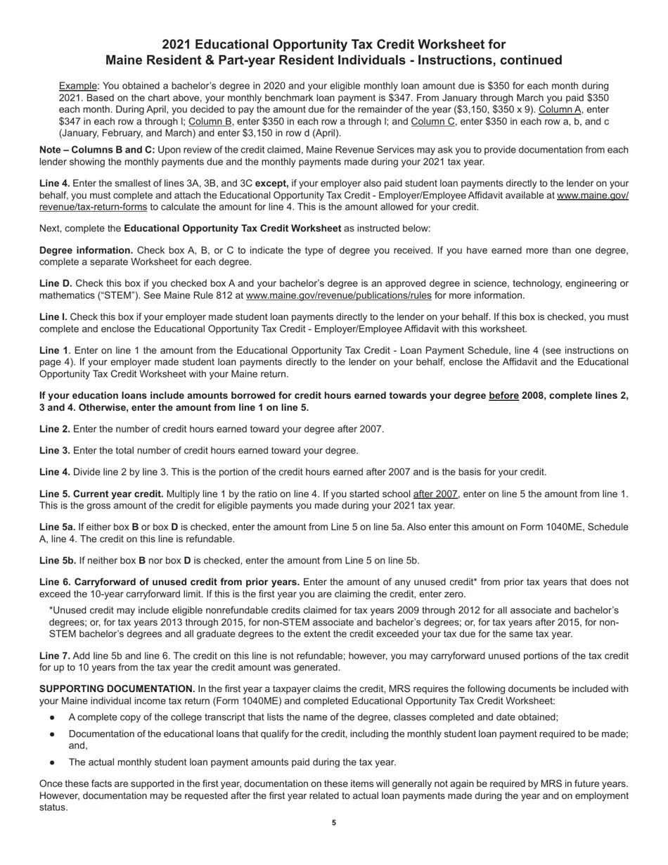 2021 Maine Educational Opportunity Tax Credit Worksheet for Maine