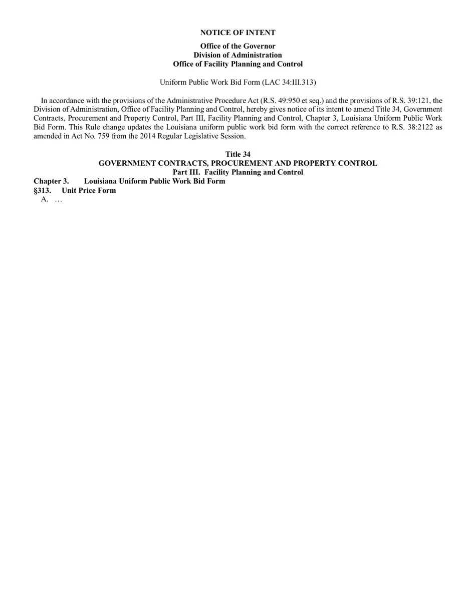Louisiana Louisiana Uniform Public Work Bid Form Fill Out, Sign