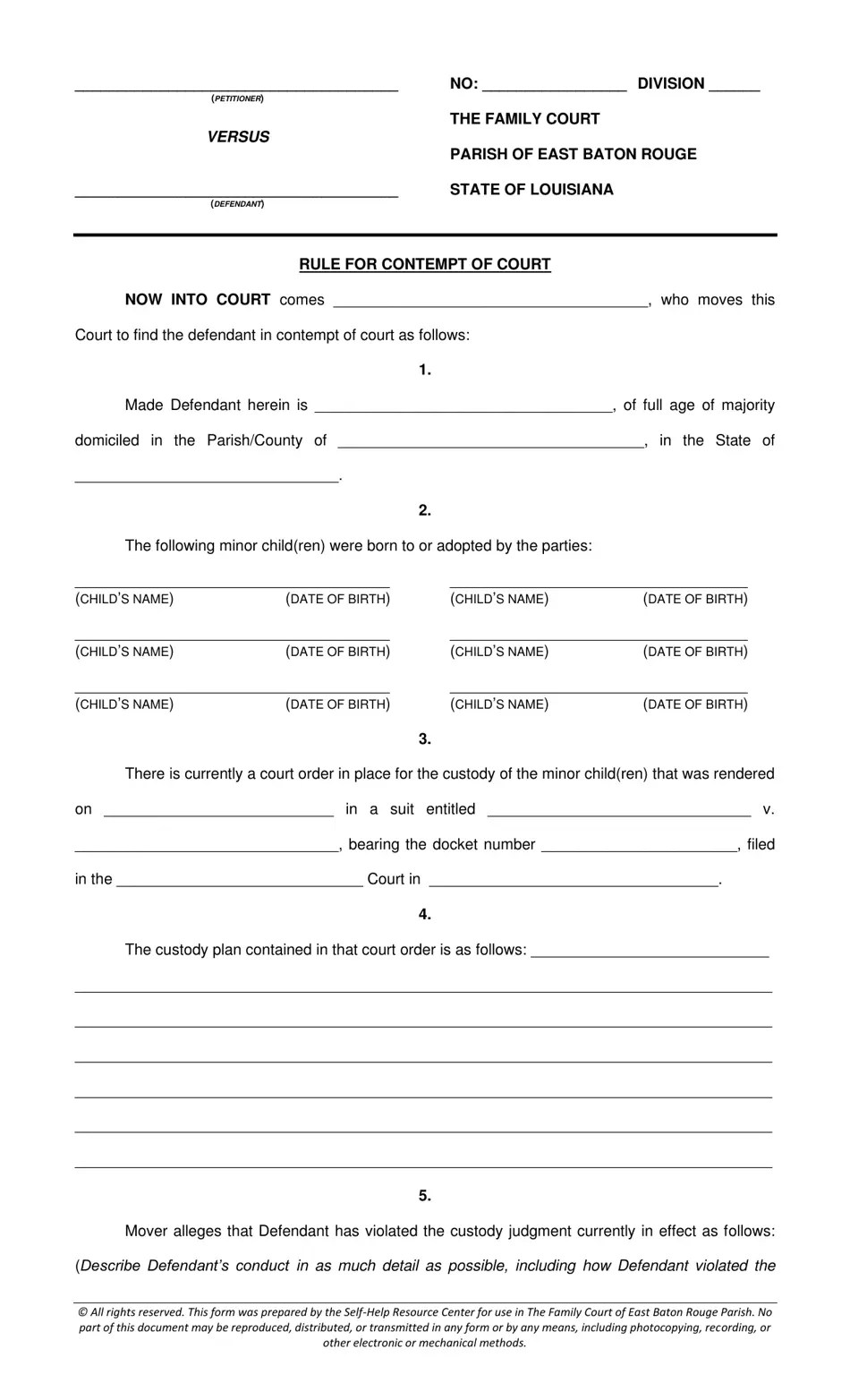 Parish of East Baton Rouge, Louisiana Rule for Contempt of Court Fill