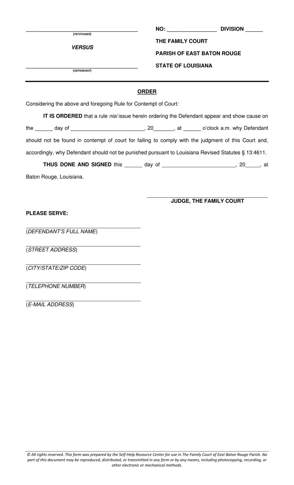 Parish of East Baton Rouge, Louisiana Rule for Contempt of Court Fill