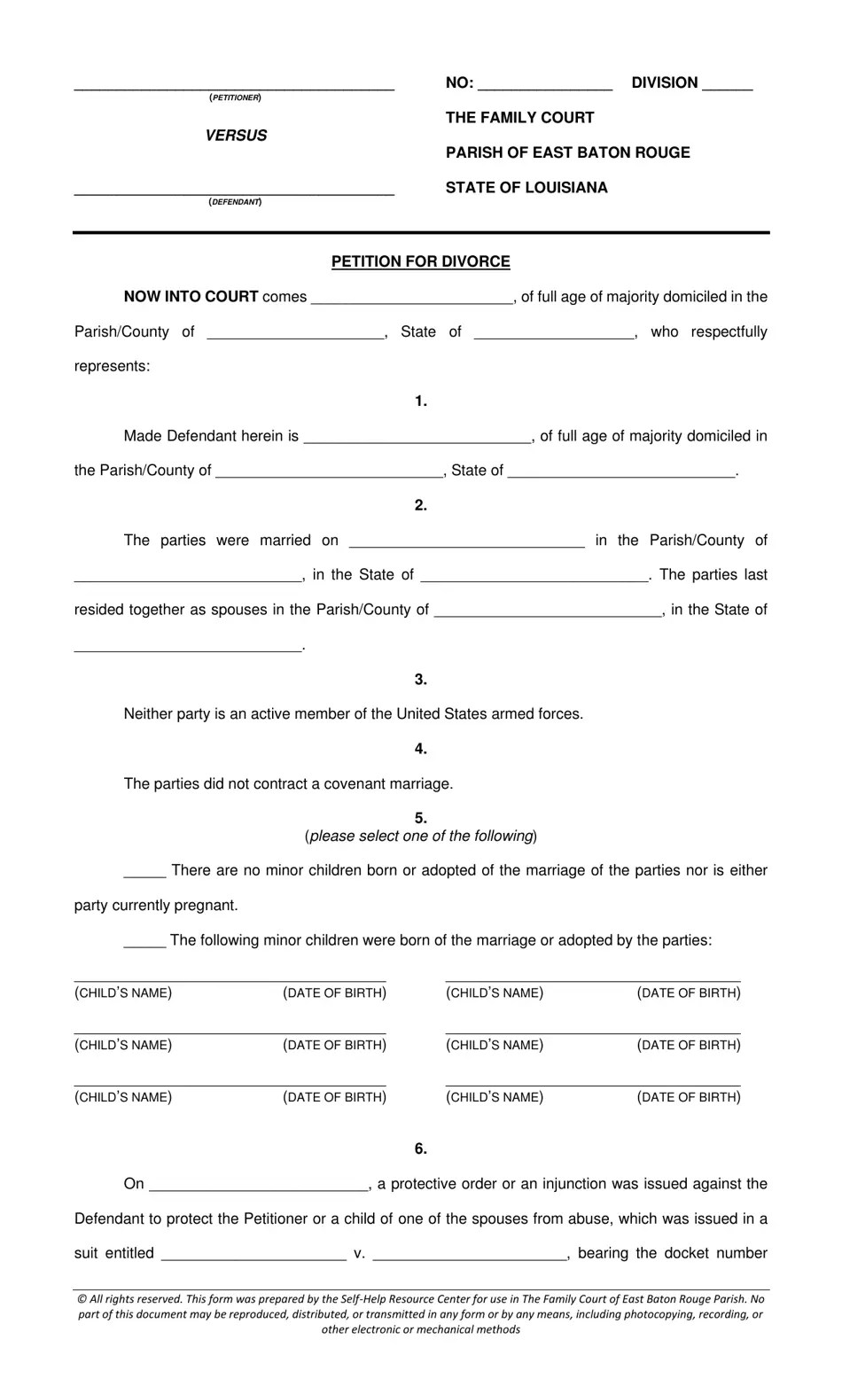 Parish of East Baton Rouge, Louisiana Petition for Divorce Domestic