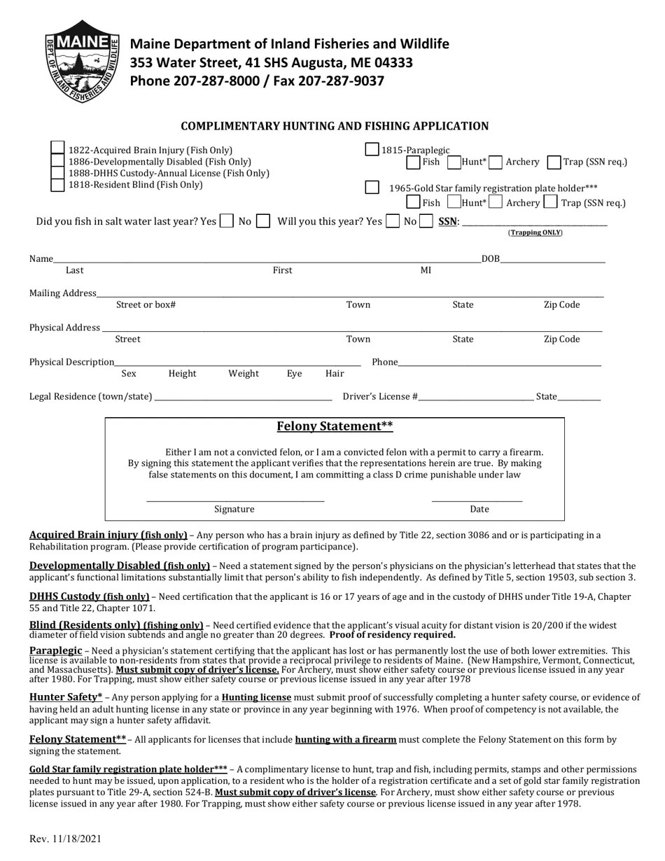 Maine Complimentary Hunting and Fishing Application Fill Out, Sign