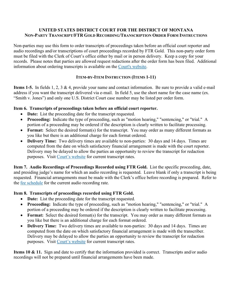 Montana Nonparty Transcript/Ftr Gold Recording Order Form Fill Out