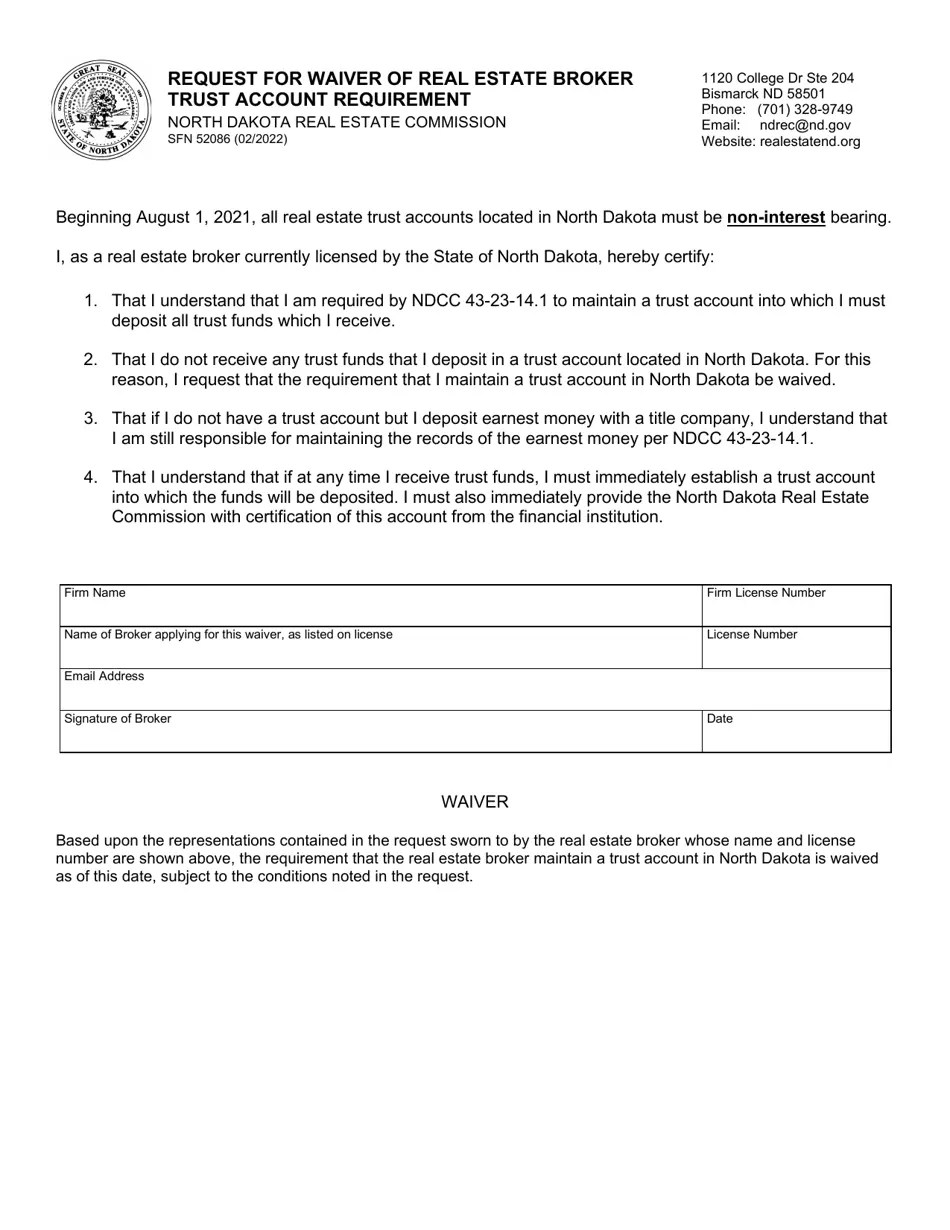 Form SFN52086 Download Fillable PDF or Fill Online Request for Waiver