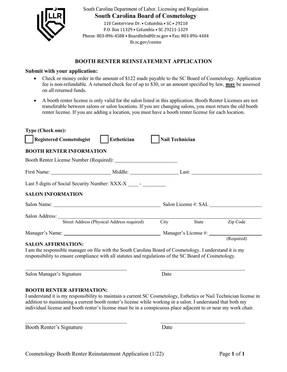 South Carolina Booth Renter Reinstatement Application Fill Out, Sign