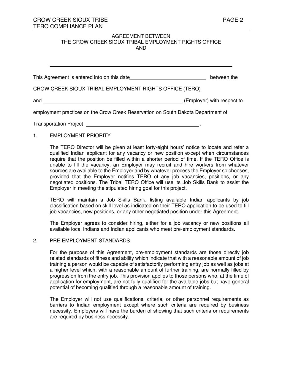 South Dakota Crow Creek Sioux Tribe Compliance Plan Fill Out, Sign