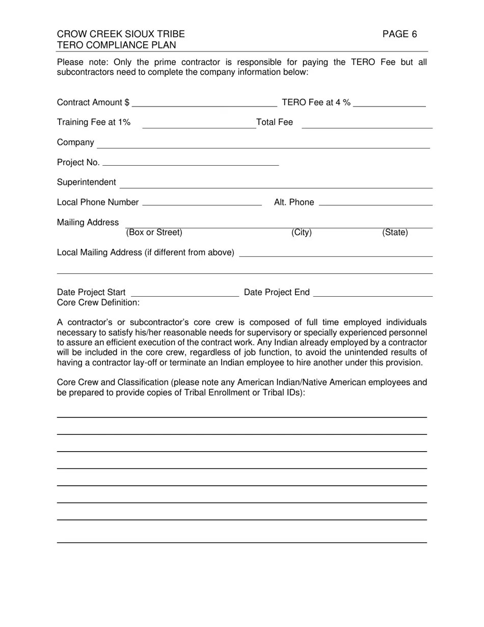 South Dakota Crow Creek Sioux Tribe Compliance Plan Fill Out, Sign