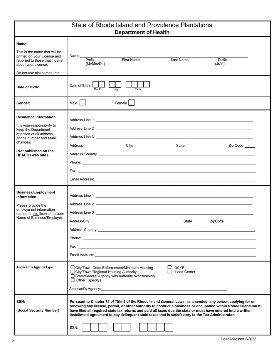 Rhode Island Application for Lead Assessor Fill Out, Sign Online and