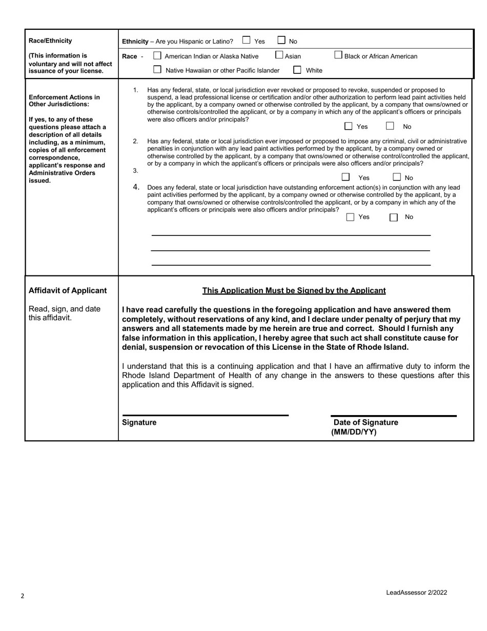 Rhode Island Application for Lead Assessor Fill Out, Sign Online and