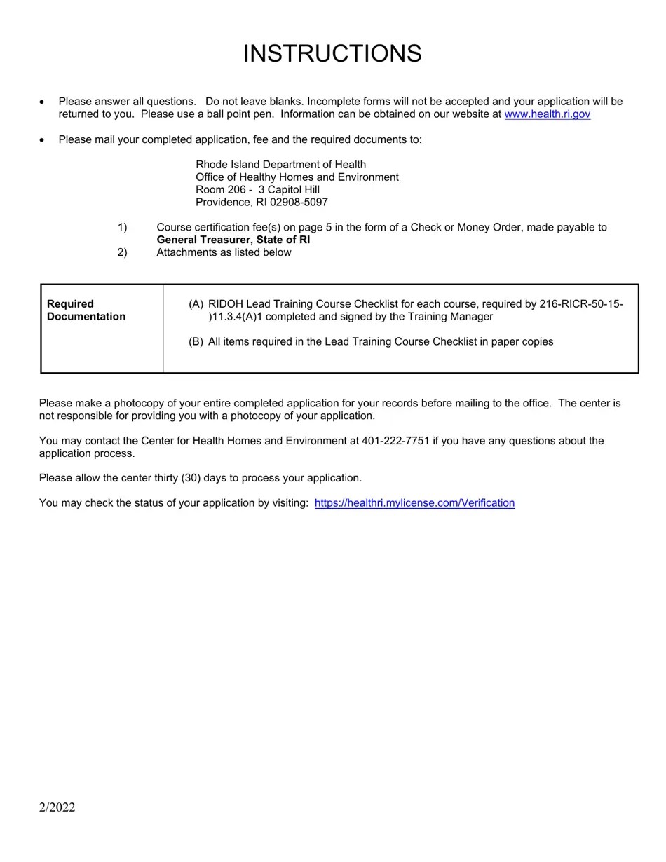 Rhode Island Application for Lead Training Courses Download Printable