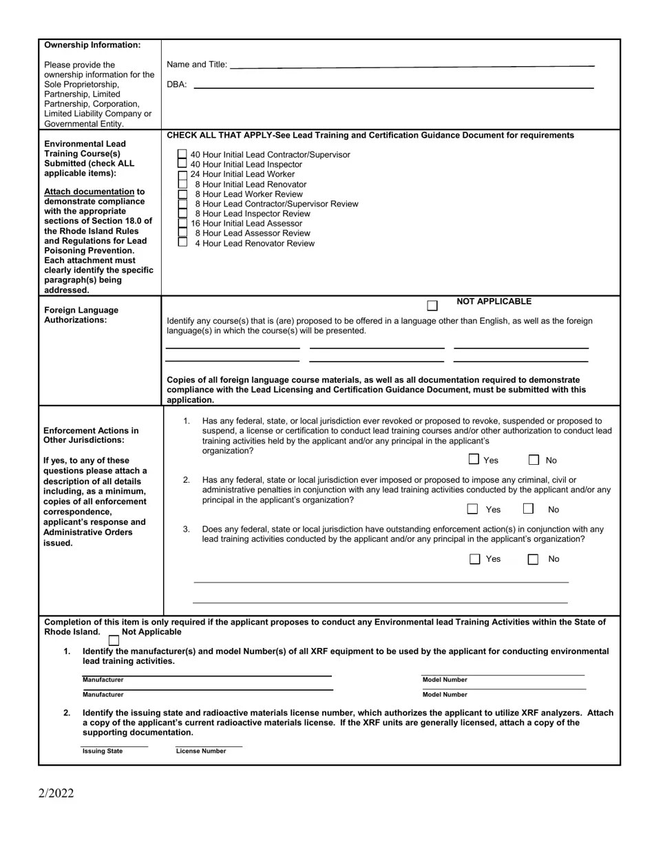 Rhode Island Application for Lead Training Courses Download Printable