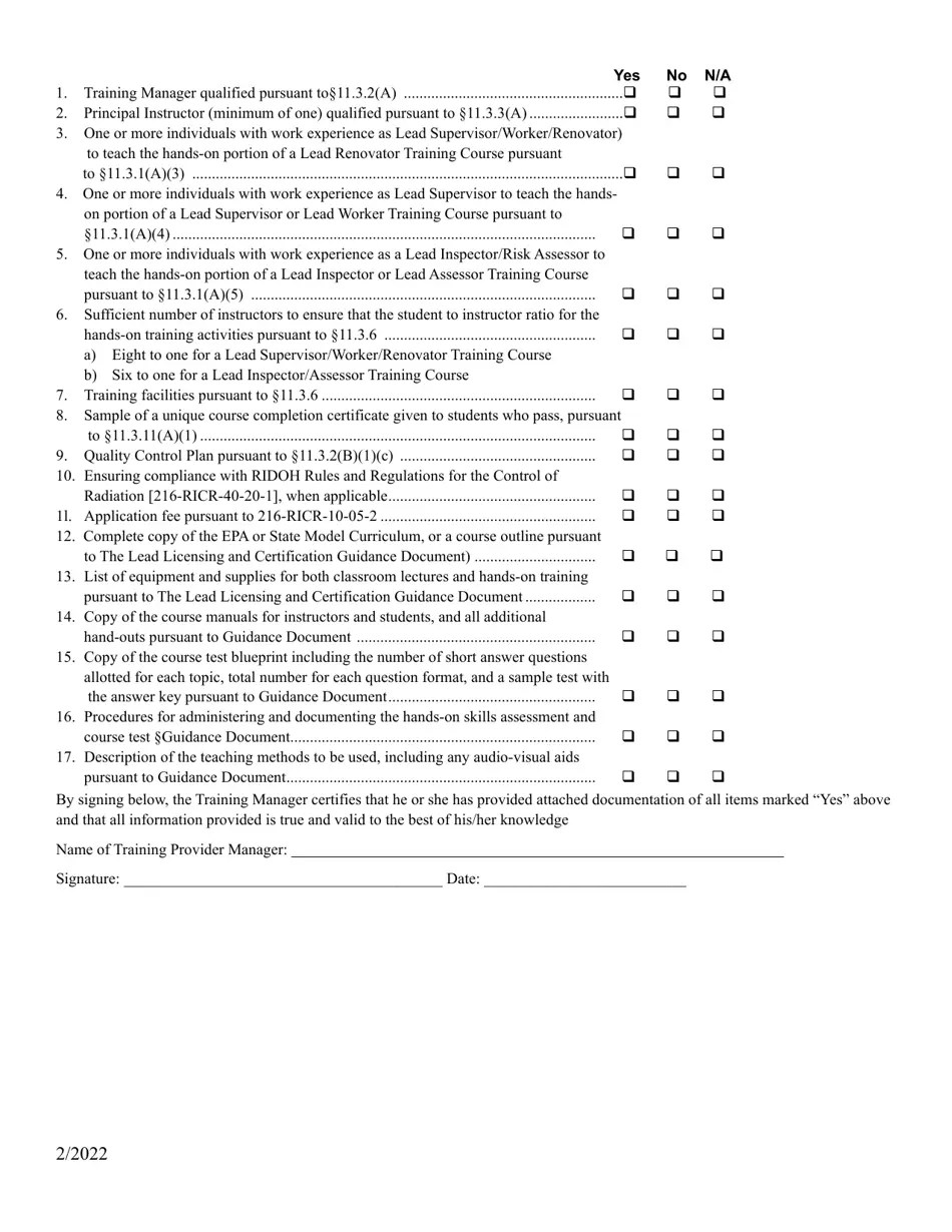 Rhode Island Application for Lead Training Courses Download Printable