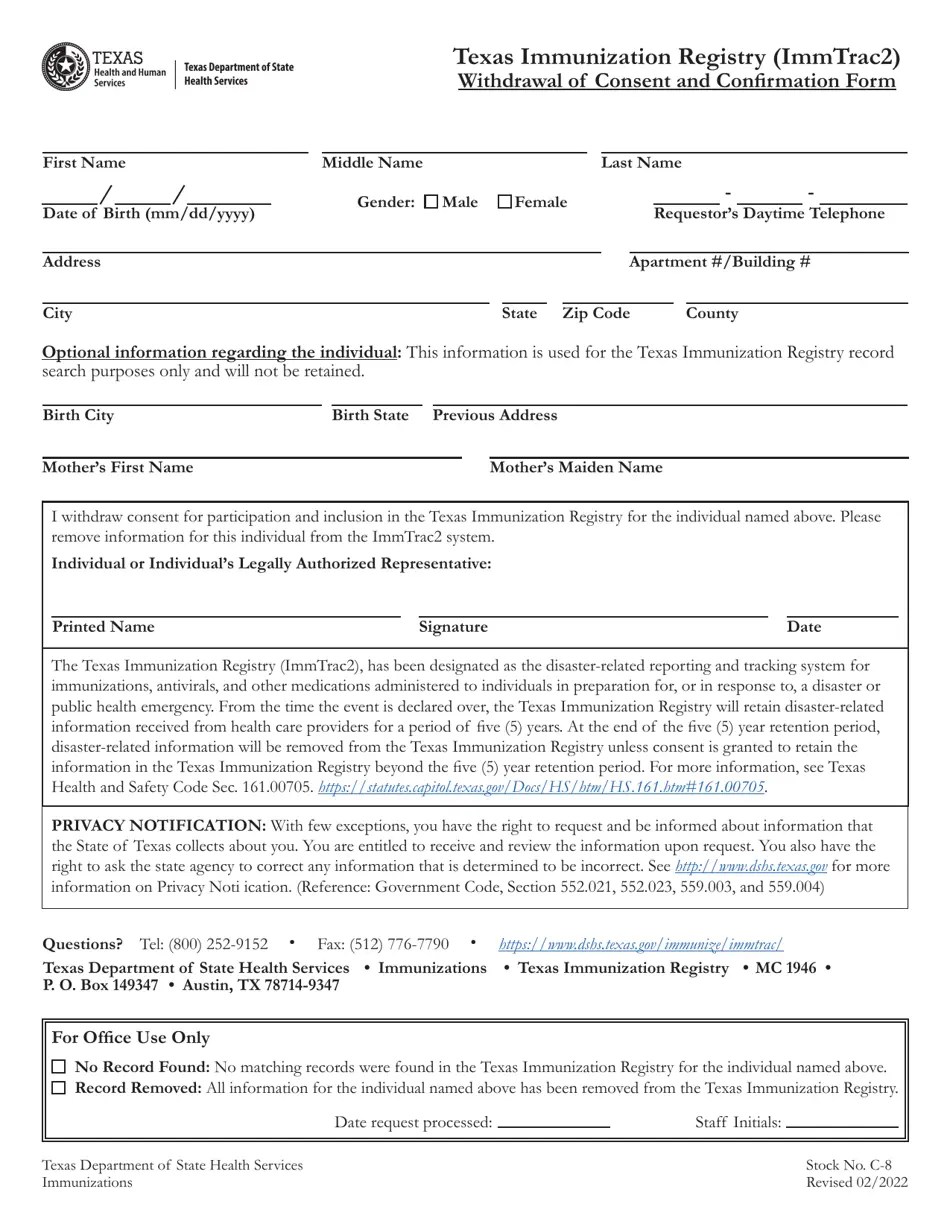Texas Texas Immunization Registry (Immtrac2) Withdrawal of Consent