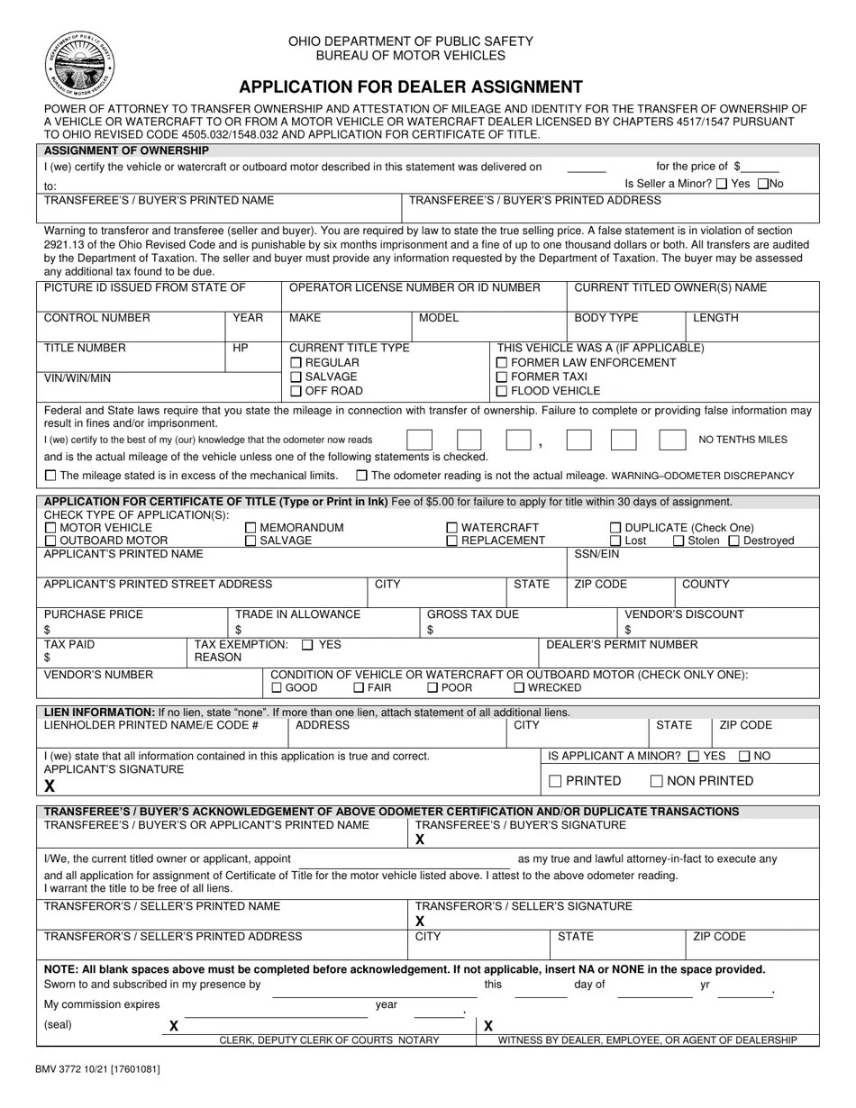 Form BMV3772 Download Printable PDF or Fill Online Application for