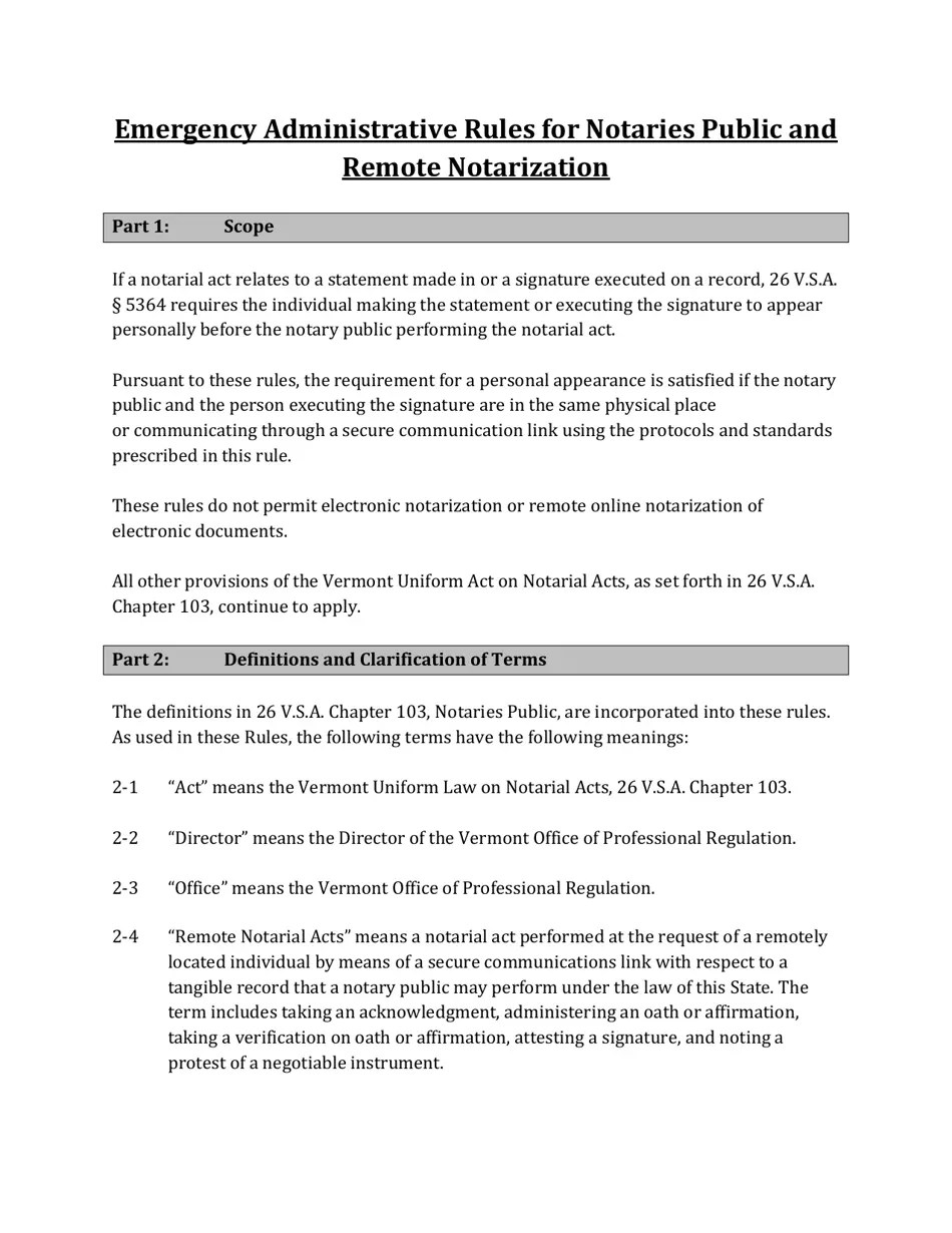 Vermont Emergency Administrative Rules for Notaries Public and Remote