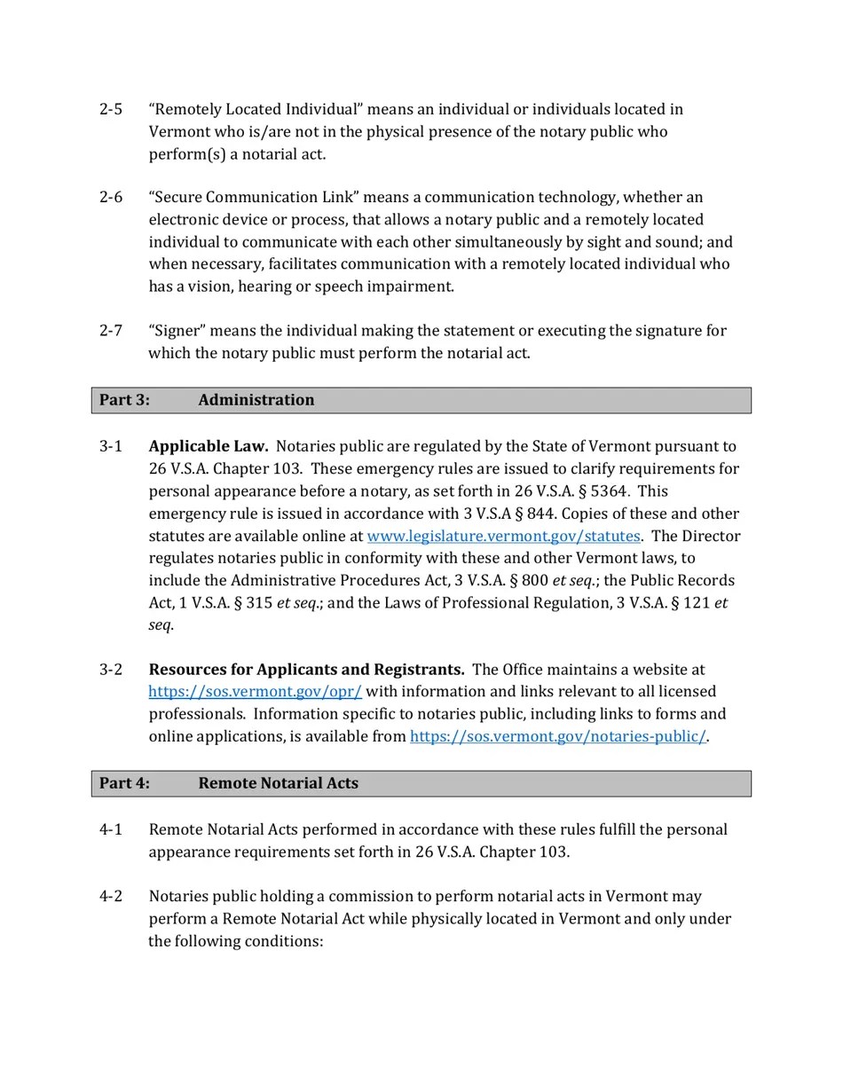 Vermont Emergency Administrative Rules for Notaries Public and Remote