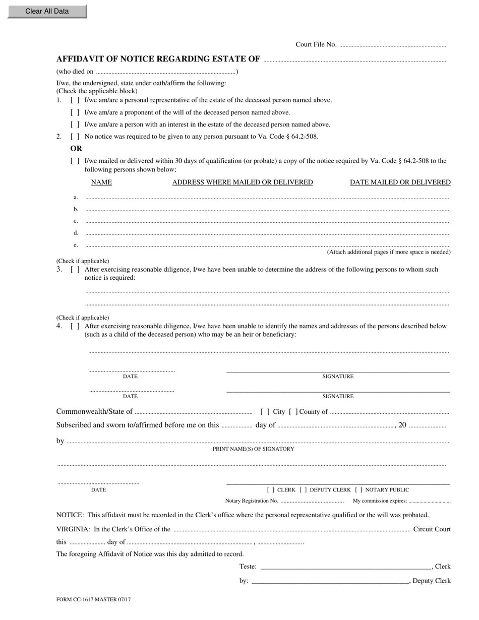 Form CC1617 Fill Out, Sign Online and Download Fillable PDF