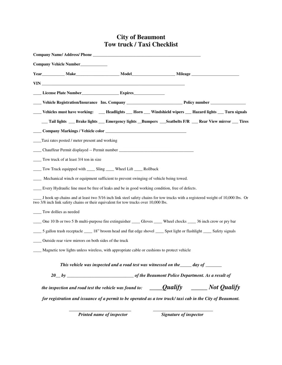 City of Beaumont, Texas Tow Truck/Taxi Checklist Fill Out, Sign