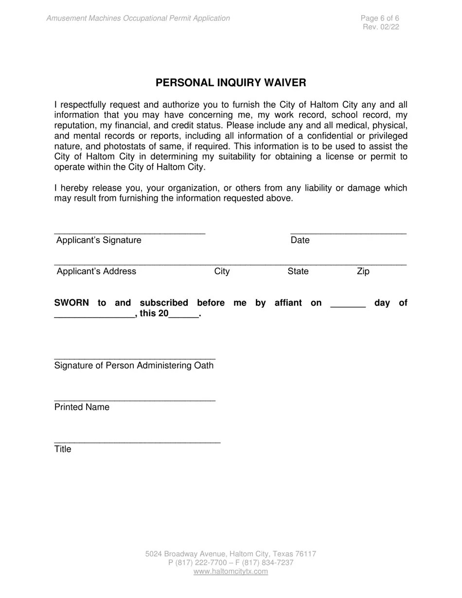 Haltom City, Texas Amusement Machines Occupationalpermit Application