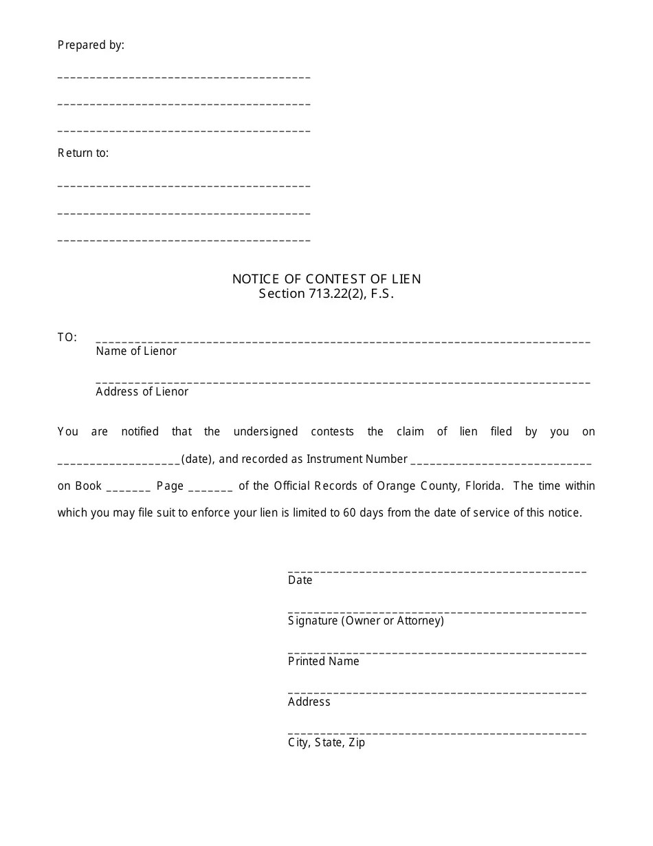 Orange County, Florida Notice of Contest of Lien Fill Out, Sign