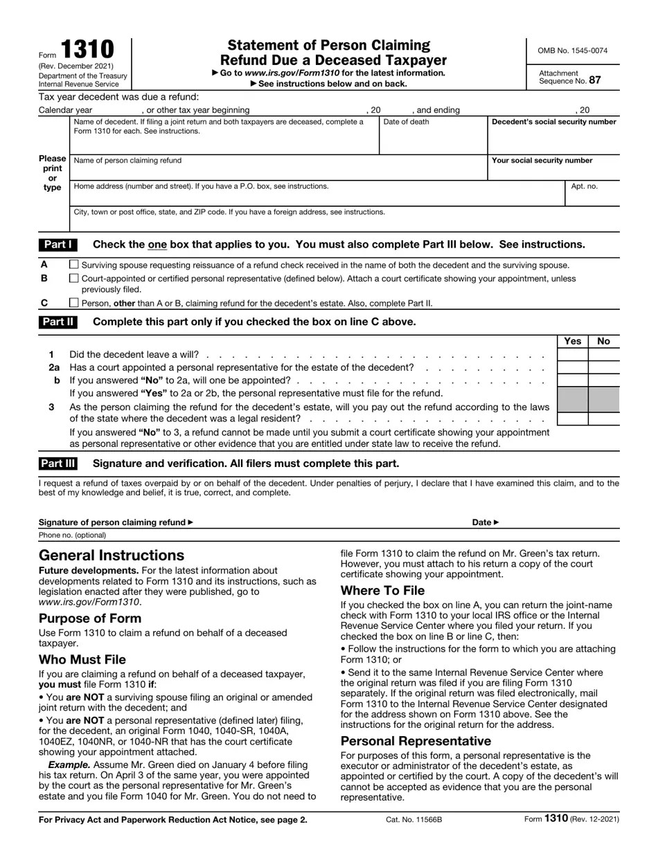 IRS Form 1310 Download Fillable PDF or Fill Online Statement of Person