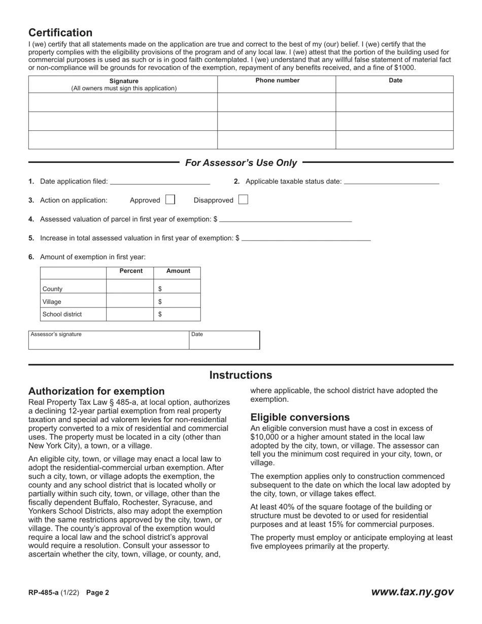 Form RP485A Download Fillable PDF or Fill Online Application for Real Property Tax Exemption