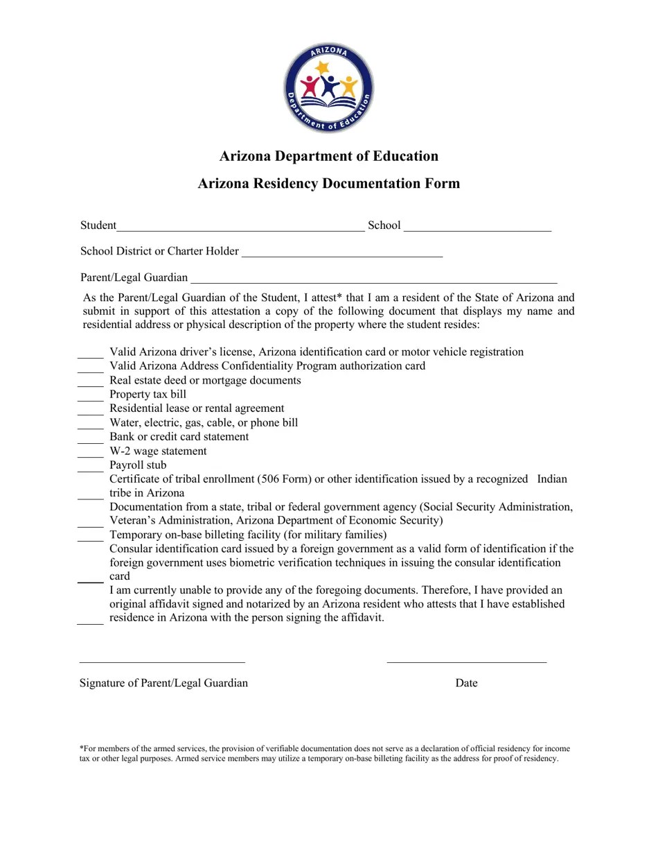 Arizona Arizona Residency Documentation Form Fill Out, Sign Online